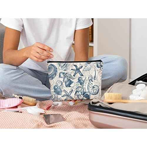Retro Watercolor Seahorse Seashell Graffiti Makeup Bag, Beach Pouch for Sunscreen, Girls Beach Cosmetic Bag Idea for Women, Girls, Sister, Birthday Party, Pool, Summer Party