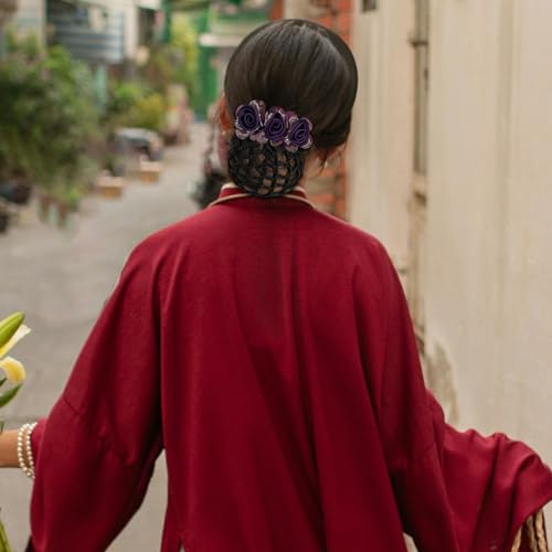 4Pcs Flower Hair Bun Holder Covers Hair Bun Cover Barrettes Hair Net Snood Pocket Hair Clip Ribbon Mesh Hairnet Hair Accessories for Women