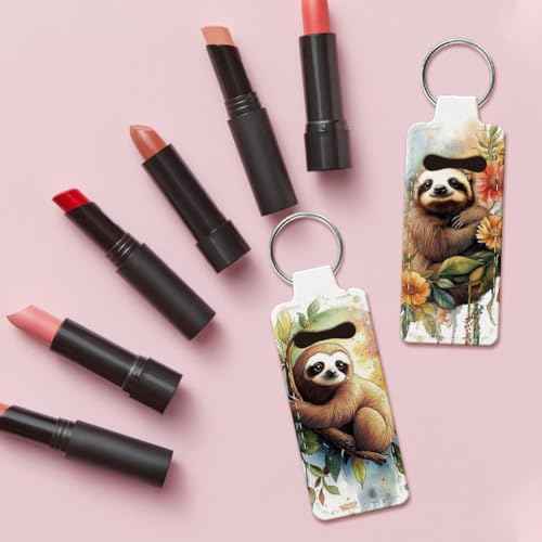 OLYCRAFT 2pcs Lipstick Holder Keychain Sloth Pattern Lip Balm Holders Elastic Diving Fabric Lipstick Keychains Portable Lipsticks Holder Bags Chapstick Sleeve Key Ring Holder for Lipsticks Chapstick