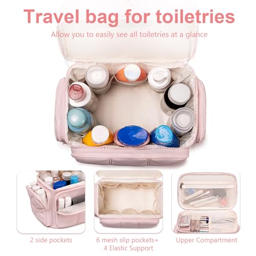 LEDAOU Travel Toiletry Bag for Women, Quilted Cosmetic Makeup Bag Organizer with Double Deck, Large Wide-open Travel Bag for Toiletries, Essentials