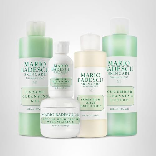 Mario Badescu MB Favorites Collection, Skin Care Gift Set Includes SPF 17 Moisturizer, Enzyme Cleansing Gel, Cucumber Cleansing Lotion, Hand Cream, Body Lotion, Cosmetic Bag & Compact Mirror
