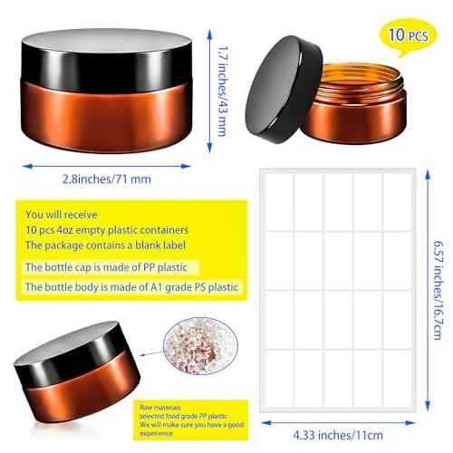 MotBach 10 Pack 4oz Plastic Jars with Lids, 120ml Round Amber Cosmetic Containers Makeup Jars,Travel Size Container Jar for Lotion Cream Eyeshadow Sample Powder Slime Ointment Salve Balm Storage
