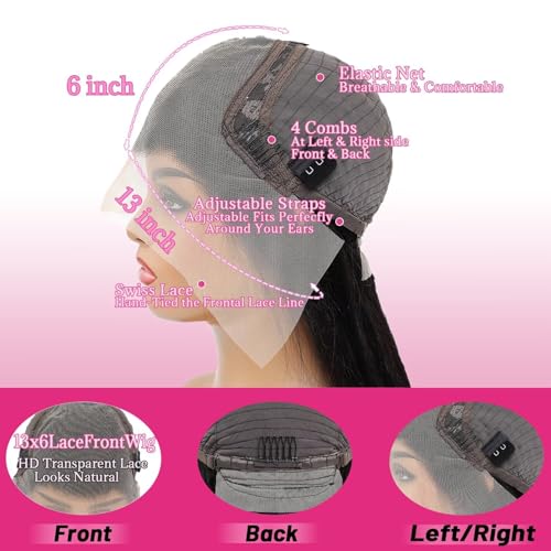13x6 Lace Front Wigs Human Hair Pre Plucked, 180% Density Body Wave HD Transparent Lace Frontal Wigs with Baby Hair for Women, Glueless Wig, Natural Black, 24 Inch