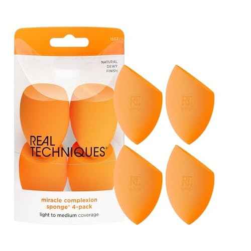 Real Techniques Miracle Complexion Makeup Sponge, 4-Pack Beauty Blender For Liquid & Cream Foundation, Streak-Free Coverage, Latex-Free, Vegan & Cruelty-Free
