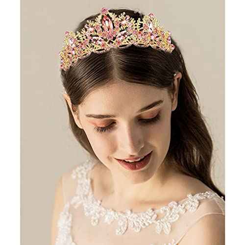 Pink Tiara for Women Gold Crown for Girls Wedding Princess Birthday Crystal Rhinestones Headbands for Prom Bridal Party Halloween Costume Christmas Gift