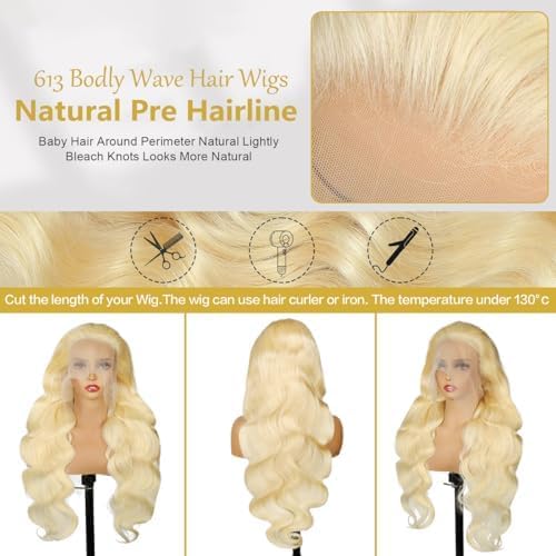 Koiaskral 613 Lace Front Wig Human Hair 20 Inch 200% Density Body Wave 13x6 HD Transparent Lace Pre-Plucked with Baby Hair