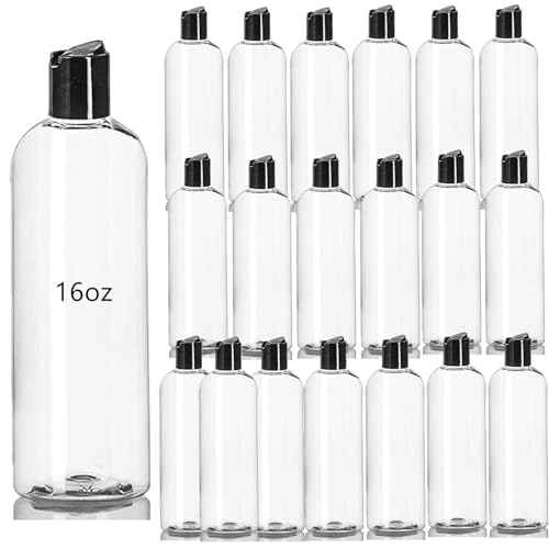 20 Pack 16oz Clear Plastic Empty Bottles, Squeezable Travel Containers with Disc Top Flip Caps, Refillable Shampoo Bottles for Lotions, Cream, Liquid Body Soap, Creams, BPA Free