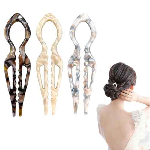 Prestige Hair Pins,French U-Shaped Hair Pin 3Pack Elegant Women Hair Accessories Suitable for Thick or Thin Hair (Dark brown, Light yellow, Dark gray)