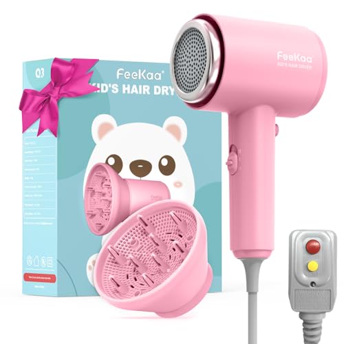 Feekaa Kids Hair Dryer, Portable Mini Blow Dryer with Diffuser, Quiet Small Hair Dryer for Children, Compact Kids Hairdryer with DIY Stickers Lightweight, Boy & Girl Birthday Gift, Pink