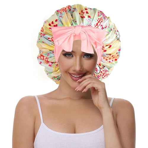 Double Layer Silk Bonnet with Tie Satin Lined Sleep Cap Hair Cover for Women's Curly Natural Hair