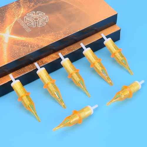 50pcs Mixed Tattoo Cartridge Needles, ATOMUS Assorted Disposable Tattoo Needle 3RL 5RL 7RL 9RL 3RS 5RS 7RS 9RS 5M1 7M1 for Tattoo Machine(Gold)