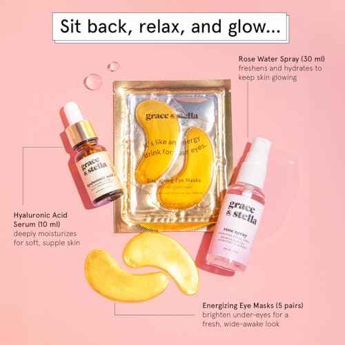 grace & stella Award-Winning Skin Care Set - Stocking Stuffers, Christmas Gifts for Women - Travel Essentials with Gold Eye Masks, Hyaluronic Acid Serum & Rose Spray - Birthday & Bachelorette Favors