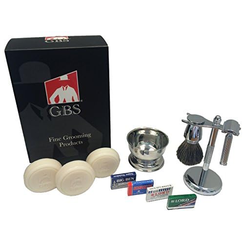 G.B.S Stylish Shaving Kit- For Men¡¯s Beard Traditional 42C Safety Razor, Badger Shaving Brush, Stainless Brush & Razor Stand, Chrome Bowl, 3 Pack of Natural Shaving Soaps + 25 DE Razor Blades
