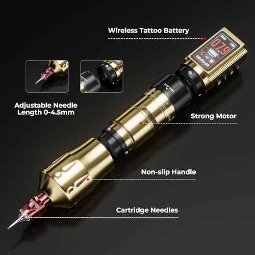 CNC Wireless Tattoo Machine with 3600mAh Dual Batteries Adjustable 7 Strokes 2.4-4.2mm Rotary Pen LED Display Brushless Motor Tattoo Gun for Tattoo Artists Supply Gold CNC-M2-E400-9