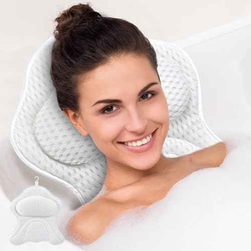 Bath Pillows for Tub Luxury Bathtub Pillow for Neck and Back Support, Soft Bath Tub Pillow Headrest Washable with 4D Mesh & Non-Slip Suction Cups, Relaxing Bath Accessories Spa Gifts for Women (White)
