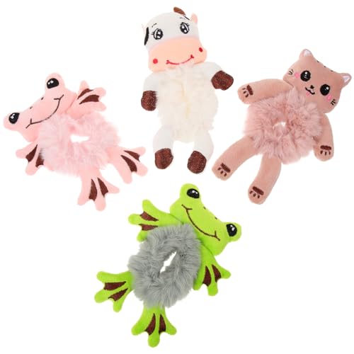 Angoily Hair Scrunchies, 4PCS Elasticity Hair Ties Cute Ring Plush Cat Belt Rubber Band Fluffy with Rope Frog Elastic Animal Scrunchies Ropes, Satin Ties for Girls, Plush Ties