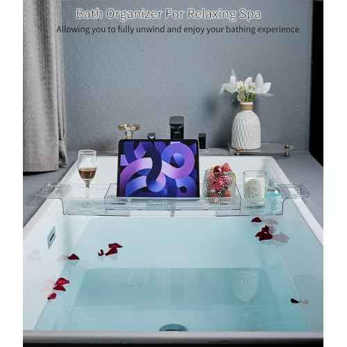 Bathtub Caddy Tray,Adjustable Bathtub Tray Table, Bath Organizer for Relaxing Spa-Features 2 Cup Holders, A Phone Stand with 5 Angle Adjustments,Non-Slip Silicone Pads,Won't Get Moldy,Easy to Clean.