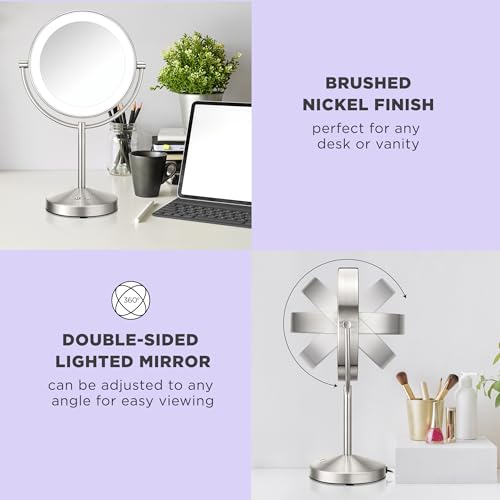 Conair Lighted Makeup Mirror, Double-Sided LED Vanity Mirror with 1X/10X Magnification, 3 Light Settings, 3 Modes, 360¡Æ Rotation, Satin Nickel Finish