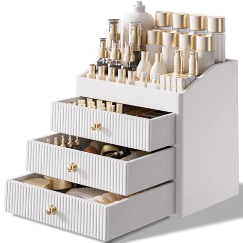 Vanity Organizers,Luxury Skincare Organizer with 3 Tier Drawers,Beige White Large Capacity Cosmetic Organizer Countertop for Makeup Brush,Dresser,Bedroom,Bathroom,Mom Gifts,Mom Birthday Gifts