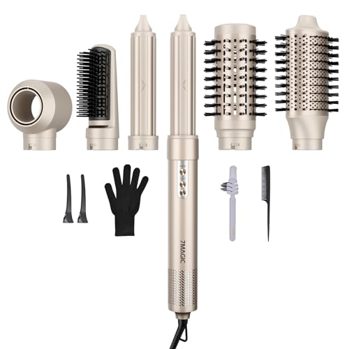 7MAGIC 6 in 1 Multi Hair Styler Dryer Brush, 110,000 RPM High-Speed, Negative Ionic, Fast Drying for Professional Blow Dry, Curling, Volumizing, Straightening and Styling, Gold