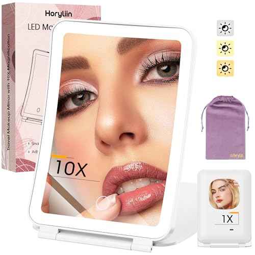 10X/1X Magnification Lighted Makeup Mirror with Lights, Rechargeable Magnifying Mirror with 80LED&2000mAh Battery, Portable Travel Vanity Mirror with 3 Colors Dimmable Lighting, Travel Essentials