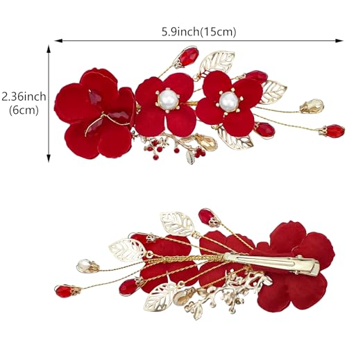 2 Pack Red Flower Hair Clips Rose Floral Bridal Hairpins Crystal Pearl Flower Bride Headpiece Red Wedding Accessories for Women Girls Halloween Chrismas Party Prom