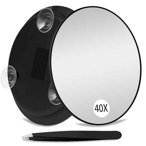 Magnifying Mirror 40X with Suction Cups, Large 6inch Travel 40X Magnified Round Makeup Mirror with High Magnification, Make up Mirror with Tweezers Sets
