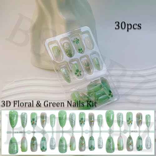 30Pcs Green Press on Nails Butterfly with Gold Vine Designs 3D Floral Fake Nails Medium Almond False Nails Flower Stick On Nails Handmade Spring Nail Art for Holiday, Vacation, Gift, Nail Kit