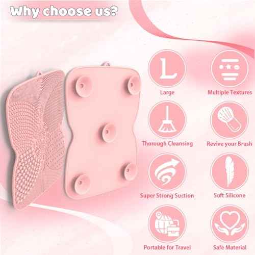 Silicone Makeup Brush Cleaner Pad with Suction Cup, 8 Textures, Stable, Makeup Brush Cleaning Mat (Pink)