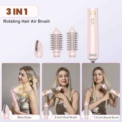 3 in 1 Rotating Hair Dryer Brush Spinning with Detachable Brush(2" & 1.5"),Negative Ionic Brush Blow Dryer 100-120V,3 Heats and 2 Speeds Rotating Hot Air Brush for Curling,Straight,Drying