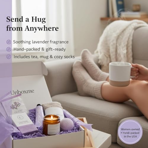 Unboxme Spa Gift Basket for Women - Lavender Self Care Gifts with Candle & Bath Bombs - Relaxation Care Package for Birthday, Get Well Soon, Christmas, Valentine's Day