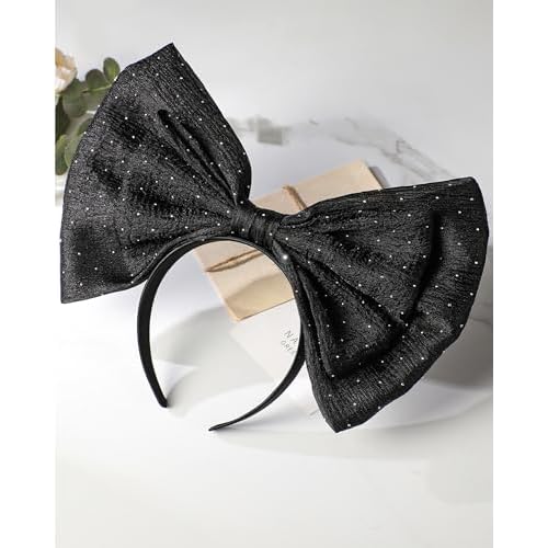 Big Black Bow Headband - Glitter Bows Headpiece for Women Girls, Cute Bowknot Hair Accessories for Birthday Halloween Christmas Cosplay Party Costume Derss Up
