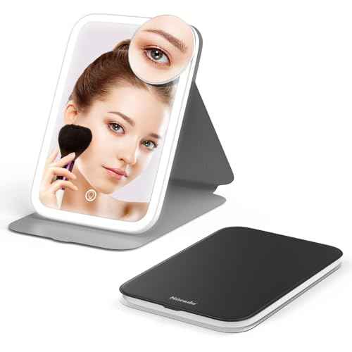 Mocado Travel Makeup Mirror with Lights, 360 Rotation, 10x Magnification, 60LEDs 3 Color Lightings, Dimmable Touch Screen, Tabletop Light up Mirror (Black)