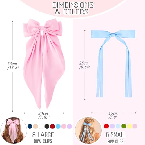14 Pcs Hair Bows for Women, Bow Hair Clips with Long Tail, Coquette Bows Hair Ribbons, Big Hair Bow Hair Accessories for Women (Vibrant)