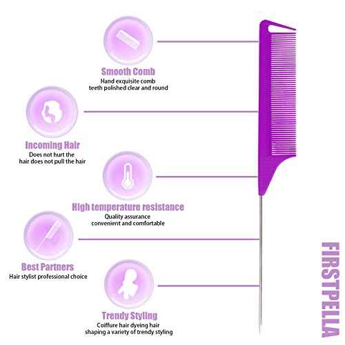 10 PCS Rat Tail Combs Set - Hair Teasing Fine Tooth Comb for Women Girls, Parting Comb for Braiding Hair Styling Tools & Appliances with Stainless Steel Pintail Carbon Fiber Heat Resistant