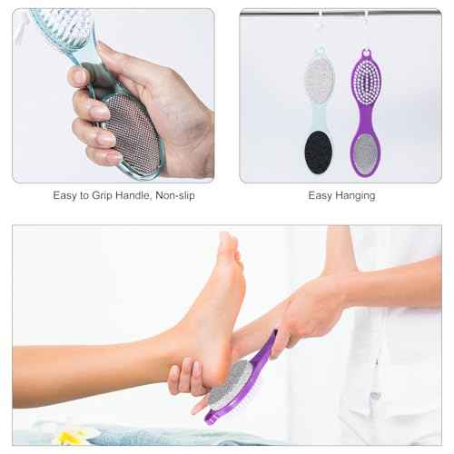 Pumice Stone Brush for Feet 4 in 1, Foot File Callus Remover, Foot Rasp and Sand Paper Pedicure Tools with Handle, Shower Foot Scrubber, Soft Smooth Feet for Home Foot Care,2 Pack
