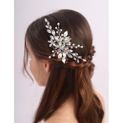 Teyglen Silver Flower Leaf Headpiece Crystal Bridal Wedding Hair Comb for Women Bride Girls (Silver, 15*7cm/5.9*2.75inch, Alloy+Rhinestones + Crystal+Imitation pearls, 1 Count)
