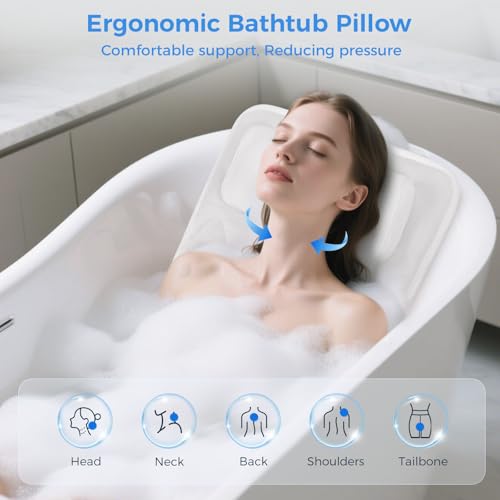 Full Body Bath Pillow for Tub, Soft Bathtub Pillow for Neck and Back Support, Washable 4D Mesh Bathtub Cushion with 11 Non-Slip Suction Cups, White