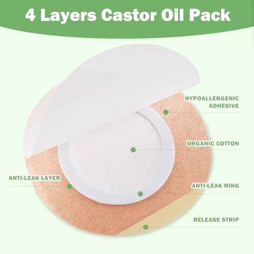 30Pcs Castor Oil Pack Wrap for Belly Button with 4oz Organic Castor Oil in Glass Bottle, Highly Absorbent Cotton Belly Button Patches Self Adhesive