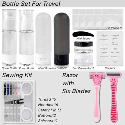 Travel Kit 39 Essentials for Travel Emergency, Large Capacity Toiletry Bag, All Purpose Grooming Set, Airplane Pillow Kit, TSA Approved (Pearl Bisque Beige)