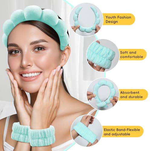 Spa Headband For Washing Face with Hair Clips Wristbands 6PK for Women Girls, Soft-Puffy Velvet Makeup Headbands for Makeup, Skincare (Green)