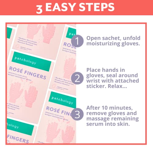 Patchology Ros? Fingers Renewing Hand Mask - Strawberry-Scented Moisturizing Gloves with Shea Butter for Dry & Cracked Hands, Repairing Hand Treatment for Baby Soft Skin, Self-Care Essential - 1 Pair