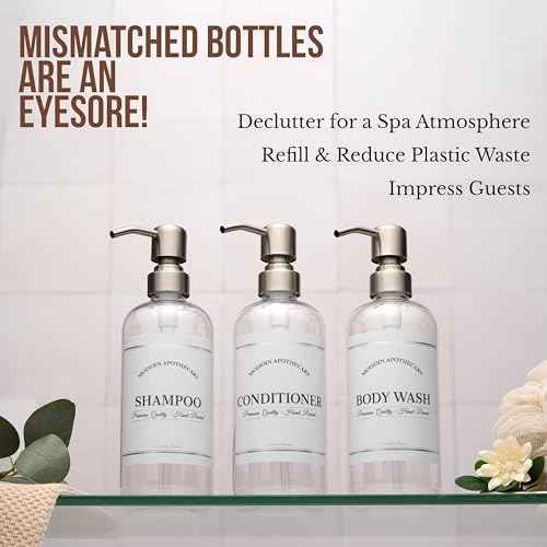 Clear Refillable Shampoo and Conditioner Bottles - Body Wash, Shampoo and Conditioner Dispenser - PET Plastic Shampoo Bottles Refillable with Pump - Waterproof Labels - 16 oz, 3 Pack (Stainless Steel)