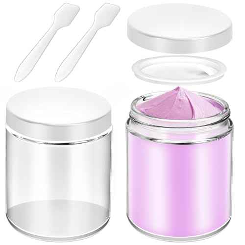 MotBach 2 Pack 8oz Glass Jars with Lids, Round Glass Jars with Spatulas, Inner Liners and White Lids, Empty Cosmetic Containers Travel Toiletries Container for Lotion, Cream, Makeup, Cosmetic, Slime