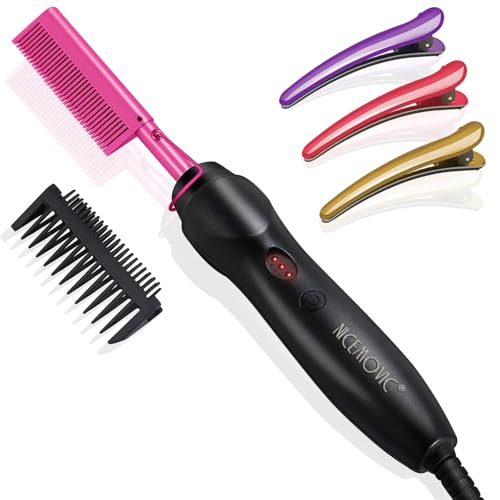 NICEMOVIC Ceramic Heating Hair Straightener Comb - Hot Pressing Brush for Natural Black Hair, Beard Wigs, and Curling (Pink)