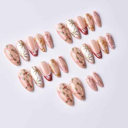 24Pcs Christmas Press on Nails French Tip Medium Almond Fake Nails Cat Eye Xmas False Nails with Snowflake Pearl Design Winter Acrylic Nails Full Cover Reusable Christmas Glue on Nail for DIY Nail Art