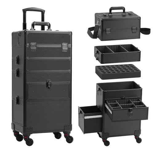 4 in 1 Rolling Makeup Case on Wheels with Drawer and Professional Cosmetic Organizers for Salon Barber - Bright Black