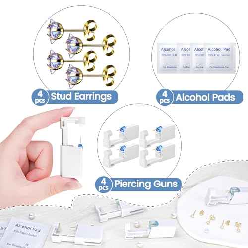 12 Pcs Ear Piercing Kit Disposable Ear Piercing Gun Kit with 4 Pcs 5 Prong Setting Cubic Zirconia Rainbow Star Earrings Stud 316L Stainless Steel Easy to Use Self Ear Piercer Gun Kit