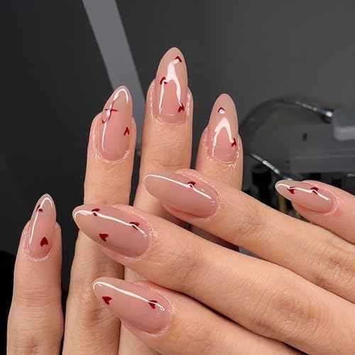 24Pcs Heart Press on Nails Medium Almond Fake Nails Valentines Glue on Nails Nude Pink Full Cover False Nails Red Love Hearts Artificial Acrylic Nails Stiletto Stick on Nails for Valentines Nails