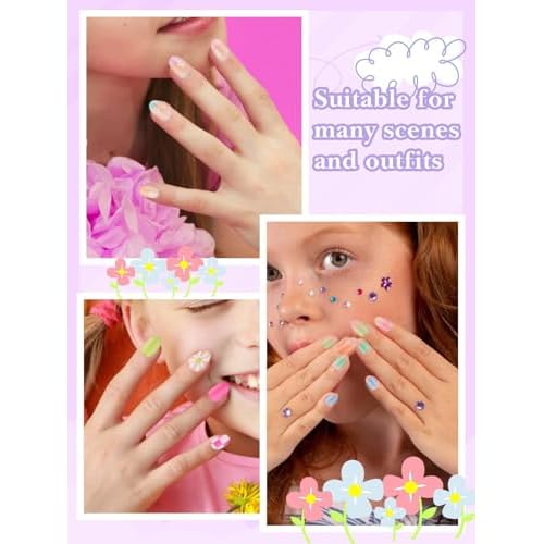 78PCS Press on Nails for Kids, TOROKOM Cute Kids Fake Nails Flower Kid Glue on Nail Short Almond False Nail Art Gift for Girls Children 8-12 Age with Nail Adhesive Tab & Quick-dry Nail Glue (3 Pack)